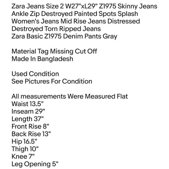 Zara Jeans Size 2 W27"xL29" Z1975 Skinny Jeans Ankle Zip Destroyed Painted Spots - Picture 2 of 8